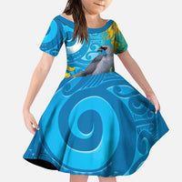 New Zealand Kokako Bird Family Matching Tank Maxi Dress and Hawaiian Shirt Maori Koru With Kowhai Flowers
