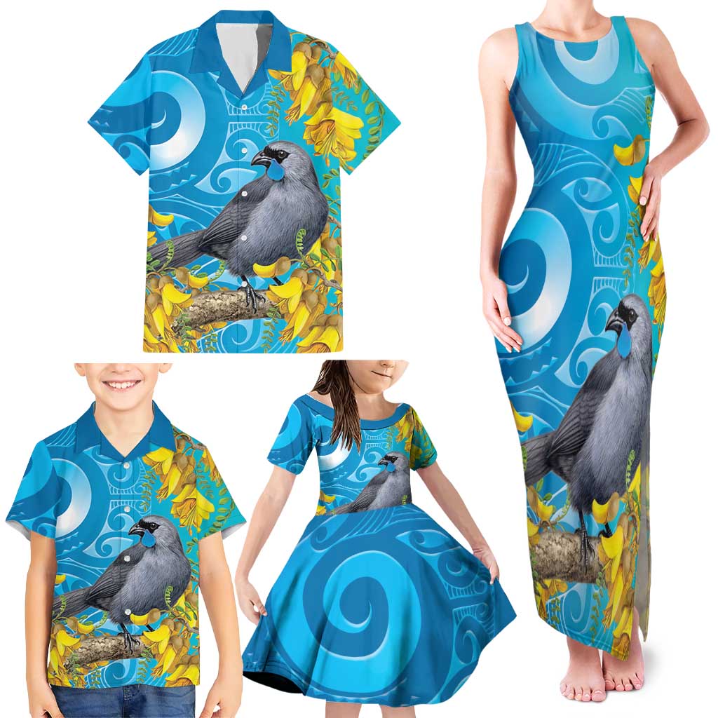 New Zealand Kokako Bird Family Matching Tank Maxi Dress and Hawaiian Shirt Maori Koru With Kowhai Flowers - Polynesian Pride
