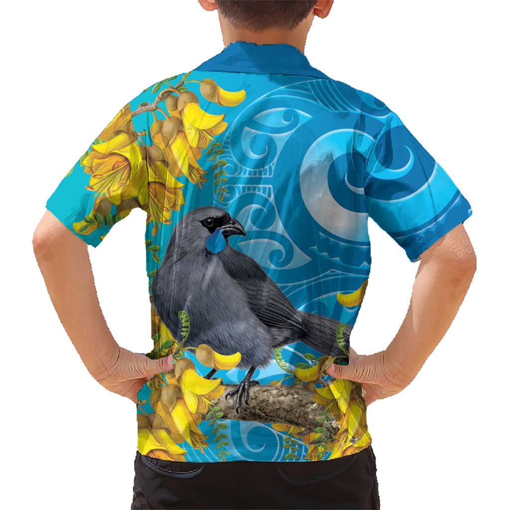New Zealand Kokako Bird Kid Hawaiian Shirt Maori Koru With Kowhai Flowers - Polynesian Pride