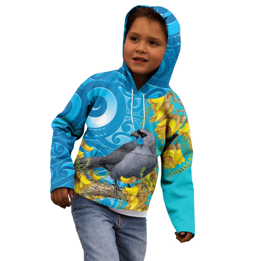 New Zealand Kokako Bird Kid Hoodie Maori Koru With Kowhai Flowers - Polynesian Pride