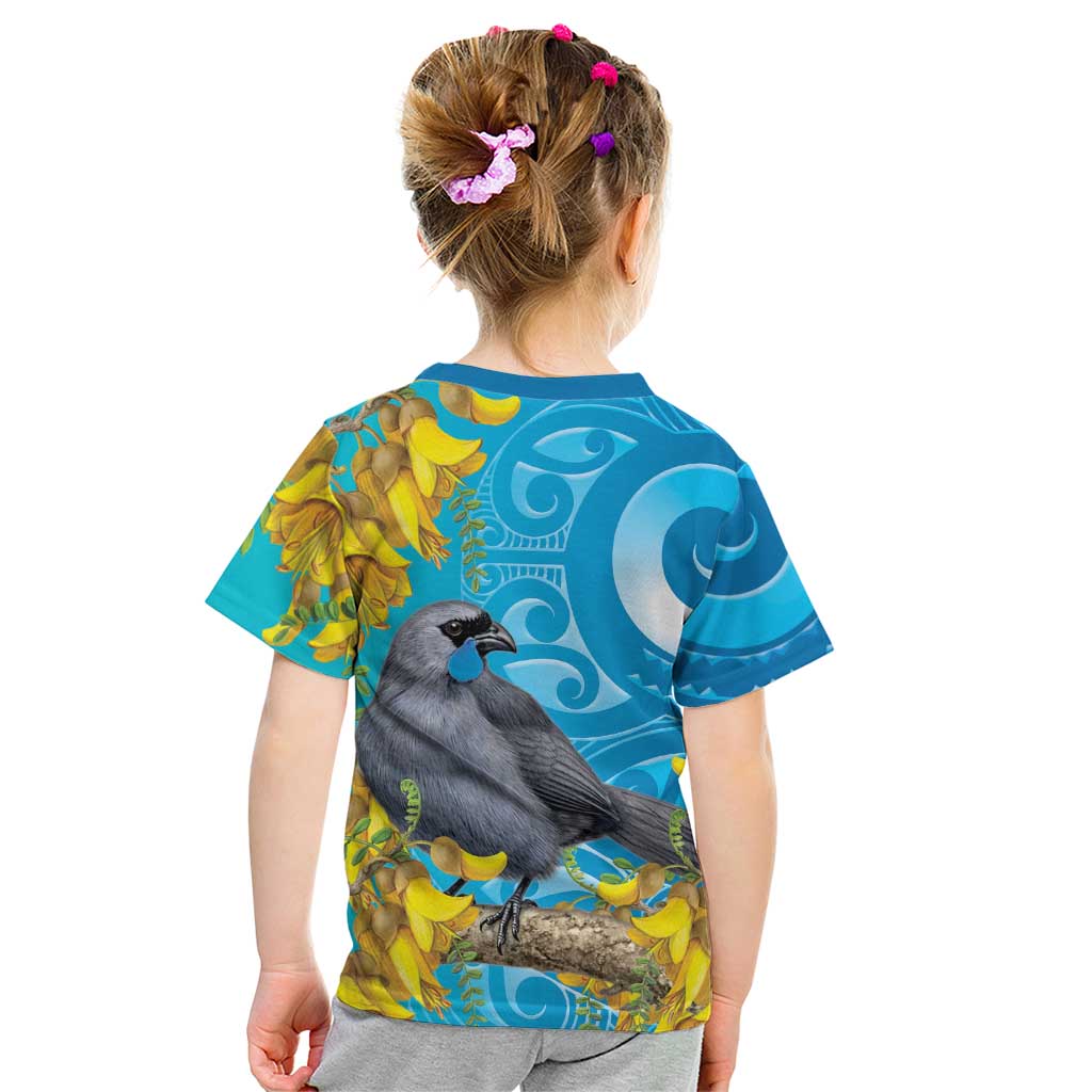 New Zealand Kokako Bird Kid T Shirt Maori Koru With Kowhai Flowers - Polynesian Pride