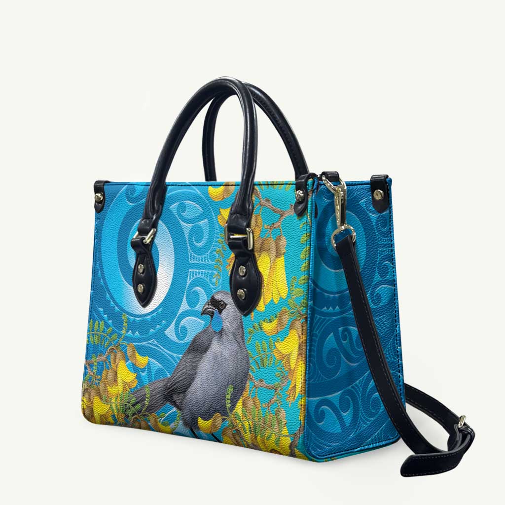 New Zealand Kokako Bird Leather Bag Maori Koru With Kowhai Flowers LT05 Aqua - Polynesian Pride