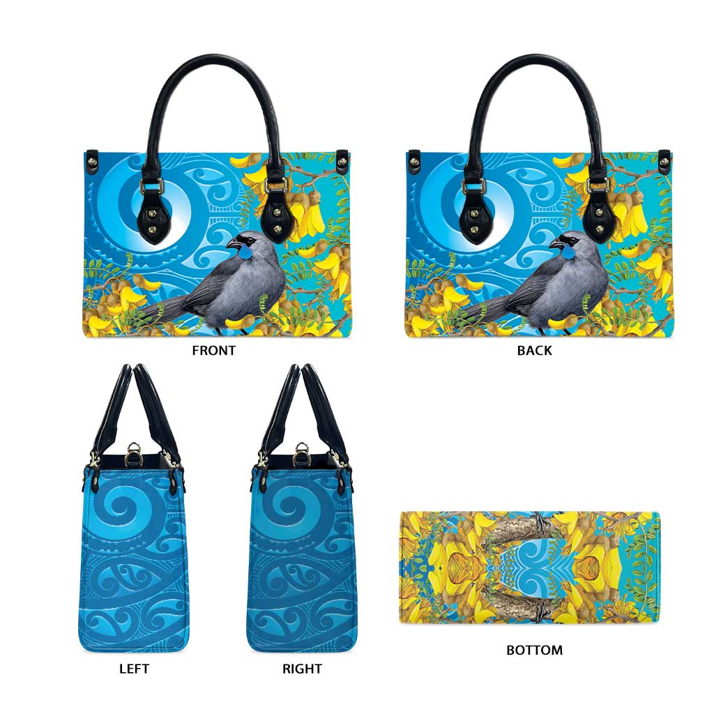New Zealand Kokako Bird Leather Bag Maori Koru With Kowhai Flowers LT05 - Polynesian Pride