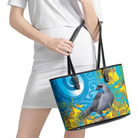 New Zealand Kokako Bird Leather Tote Bag Maori Koru With Kowhai Flowers - Polynesian Pride