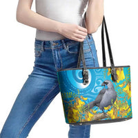 New Zealand Kokako Bird Leather Tote Bag Maori Koru With Kowhai Flowers - Polynesian Pride