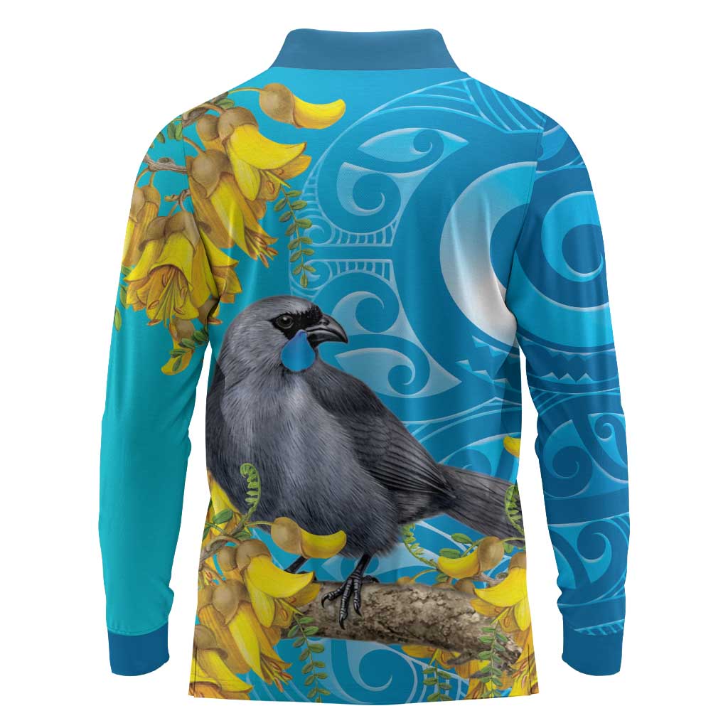 New Zealand Kokako Bird Long Sleeve Polo Shirt Maori Koru With Kowhai Flowers - Polynesian Pride