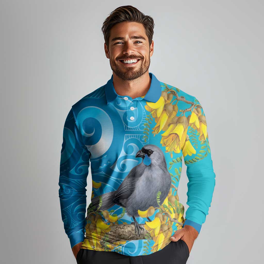 New Zealand Kokako Bird Long Sleeve Polo Shirt Maori Koru With Kowhai Flowers - Polynesian Pride