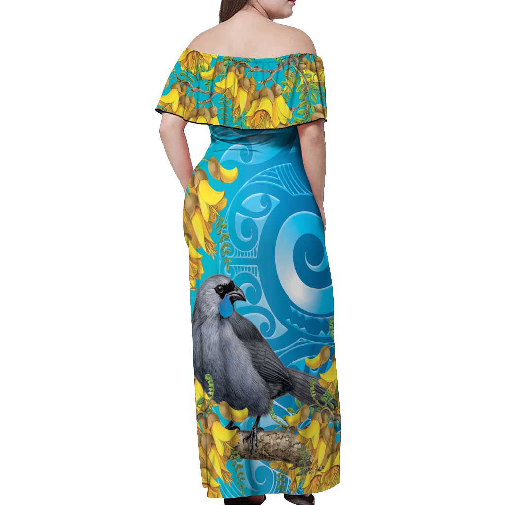 New Zealand Kokako Bird Off Shoulder Maxi Dress Maori Koru With Kowhai Flowers - Polynesian Pride