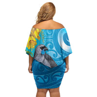 New Zealand Kokako Bird Off Shoulder Short Dress Maori Koru With Kowhai Flowers - Polynesian Pride