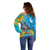 New Zealand Kokako Bird Off Shoulder Sweater Maori Koru With Kowhai Flowers LT05 - Polynesian Pride