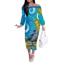 New Zealand Kokako Bird Off The Shoulder Long Sleeve Dress Maori Koru With Kowhai Flowers - Polynesian Pride