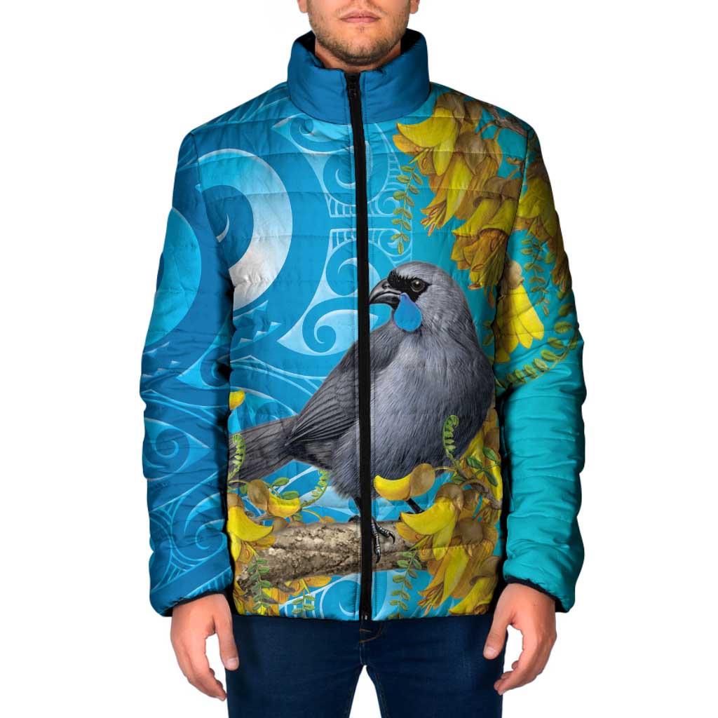 New Zealand Kokako Bird Padded Jacket Maori Koru With Kowhai Flowers LT05 Men Aqua - Polynesian Pride
