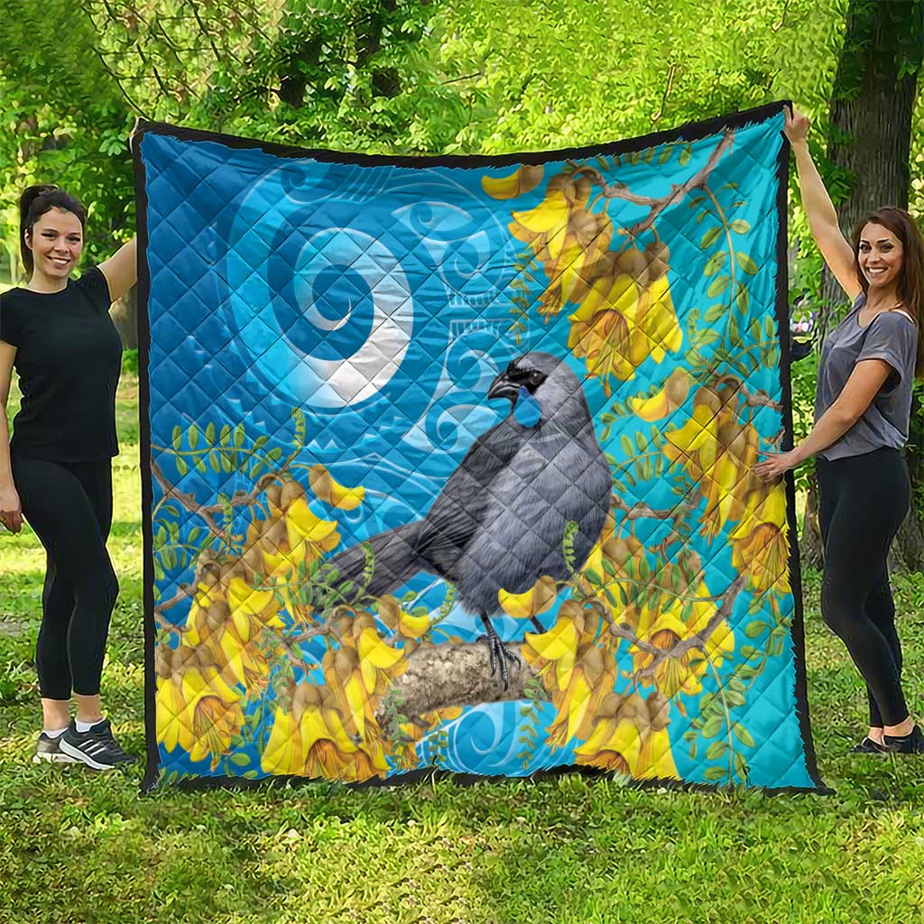 New Zealand Kokako Bird Quilt Maori Koru With Kowhai Flowers - Polynesian Pride
