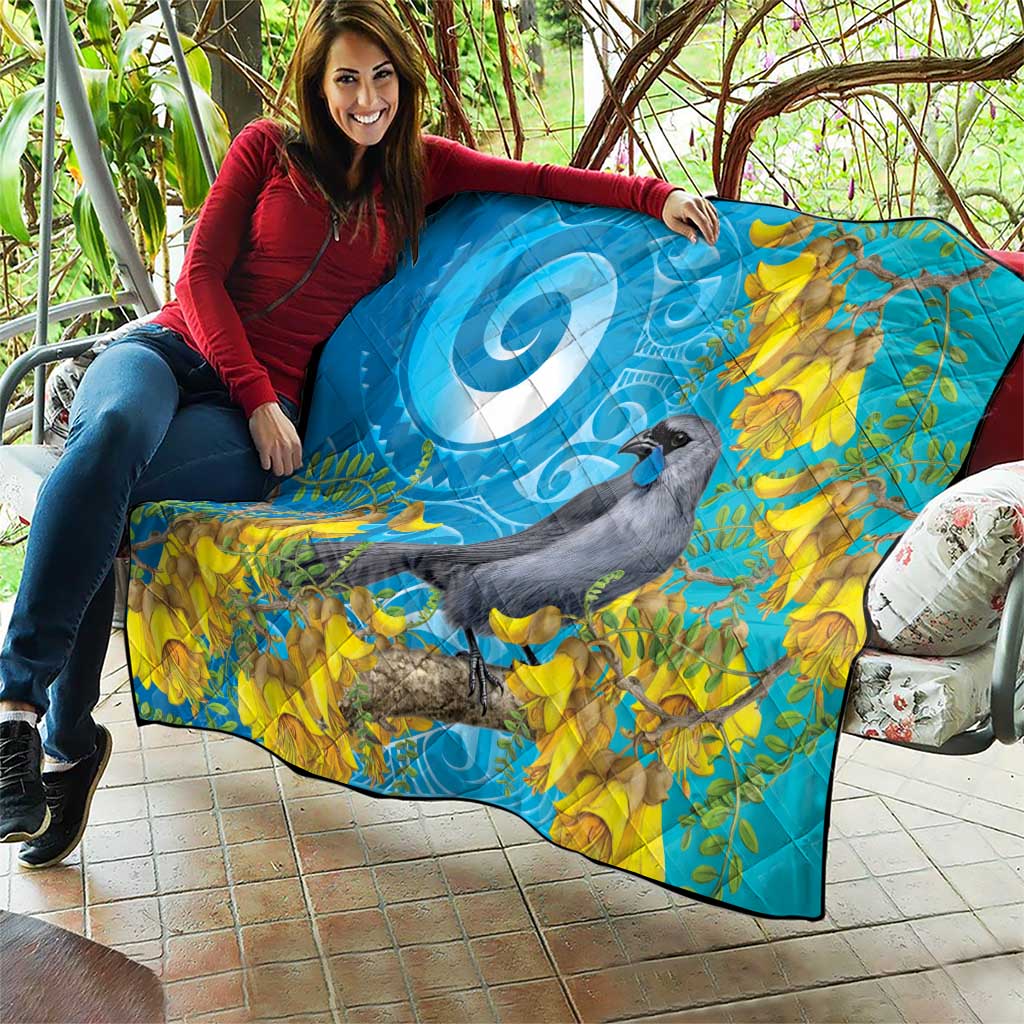 New Zealand Kokako Bird Quilt Maori Koru With Kowhai Flowers - Polynesian Pride