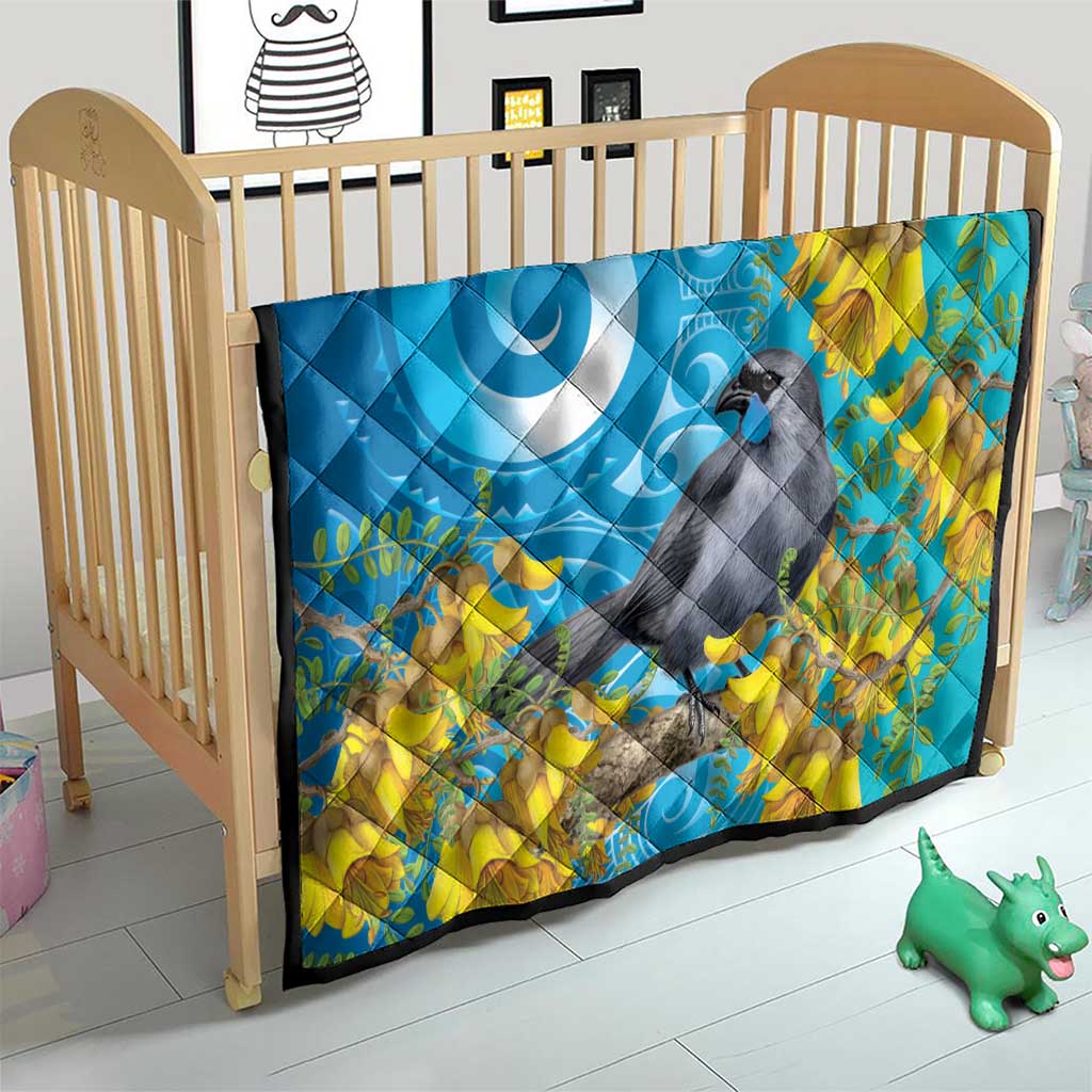 New Zealand Kokako Bird Quilt Maori Koru With Kowhai Flowers - Polynesian Pride