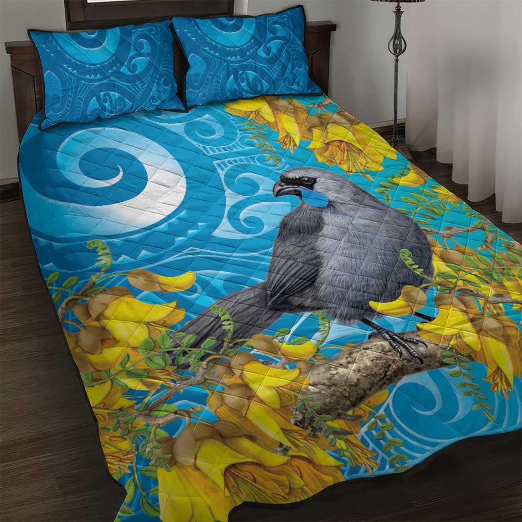 New Zealand Kokako Bird Quilt Bed Set Maori Koru With Kowhai Flowers LT05 Aqua - Polynesian Pride
