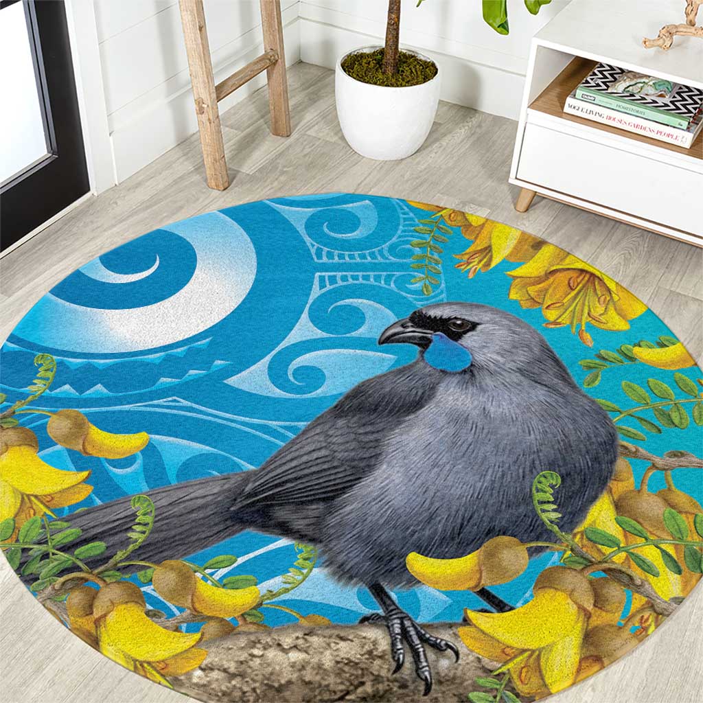 New Zealand Kokako Bird Round Carpet Maori Koru With Kowhai Flowers LT05 Aqua - Polynesian Pride