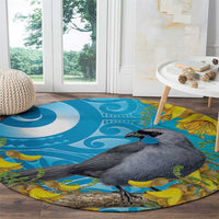 New Zealand Kokako Bird Round Carpet Maori Koru With Kowhai Flowers LT05 - Polynesian Pride
