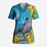 New Zealand Kokako Bird Scrub Top Maori Koru With Kowhai Flowers LT05 Adult Aqua - Polynesian Pride