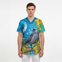 New Zealand Kokako Bird Scrub Top Maori Koru With Kowhai Flowers LT05 - Polynesian Pride