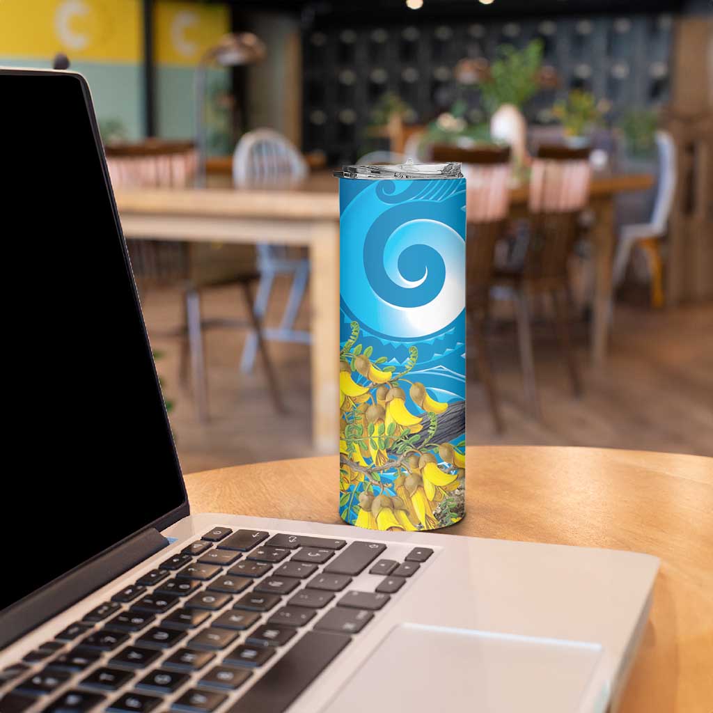 New Zealand Kokako Bird Skinny Tumbler Maori Koru With Kowhai Flowers - Polynesian Pride