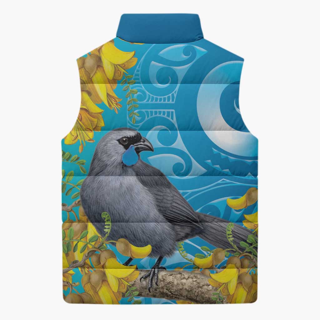New Zealand Kokako Bird Sleeveless Puffer Jacket Maori Koru With Kowhai Flowers LT05 - Polynesian Pride