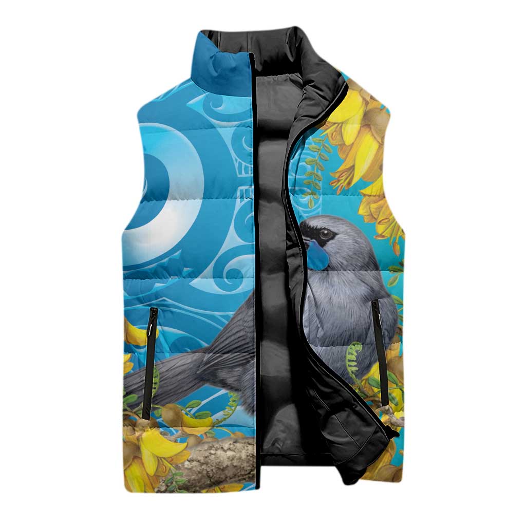 New Zealand Kokako Bird Sleeveless Puffer Jacket Maori Koru With Kowhai Flowers LT05 - Polynesian Pride