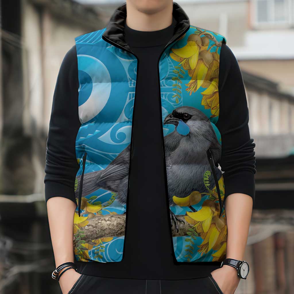 New Zealand Kokako Bird Sleeveless Puffer Jacket Maori Koru With Kowhai Flowers LT05 - Polynesian Pride