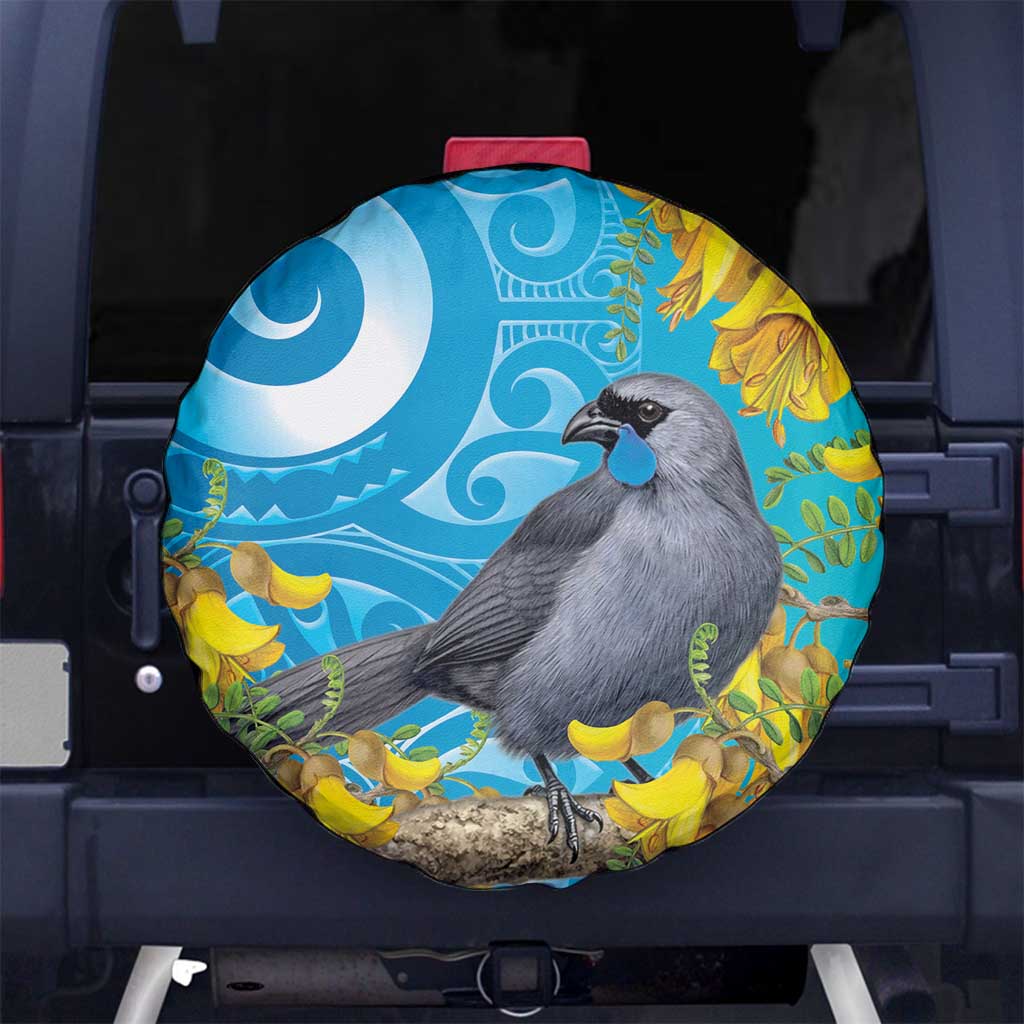 New Zealand Kokako Bird Spare Tire Cover Maori Koru With Kowhai Flowers LT05 No hole Aqua - Polynesian Pride
