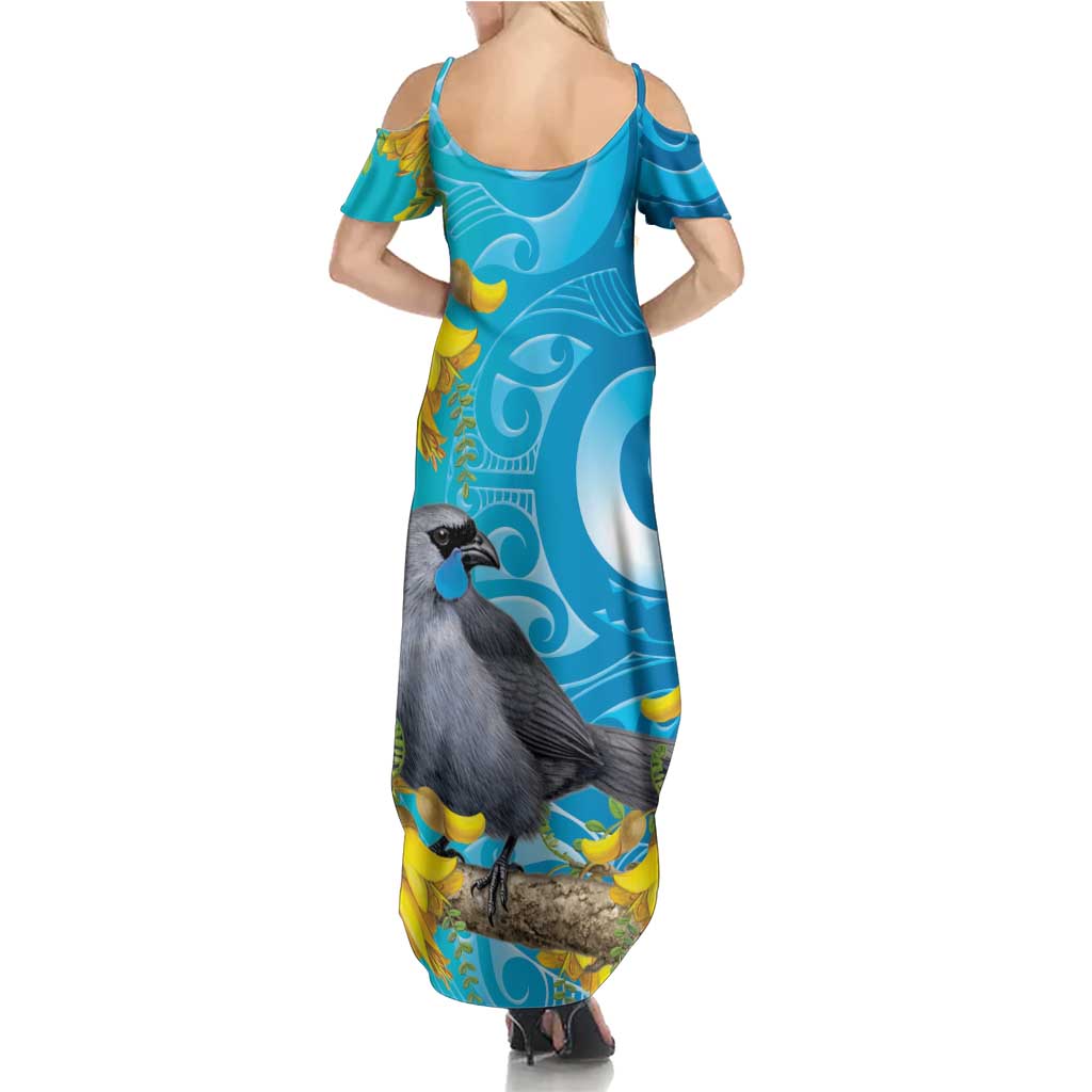 New Zealand Kokako Bird Summer Maxi Dress Maori Koru With Kowhai Flowers - Polynesian Pride