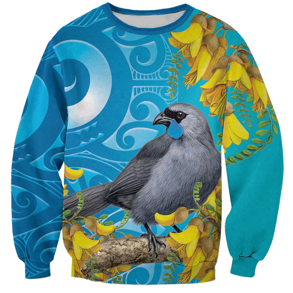 New Zealand Kokako Bird Sweatshirt Maori Koru With Kowhai Flowers LT05 Unisex Aqua - Polynesian Pride