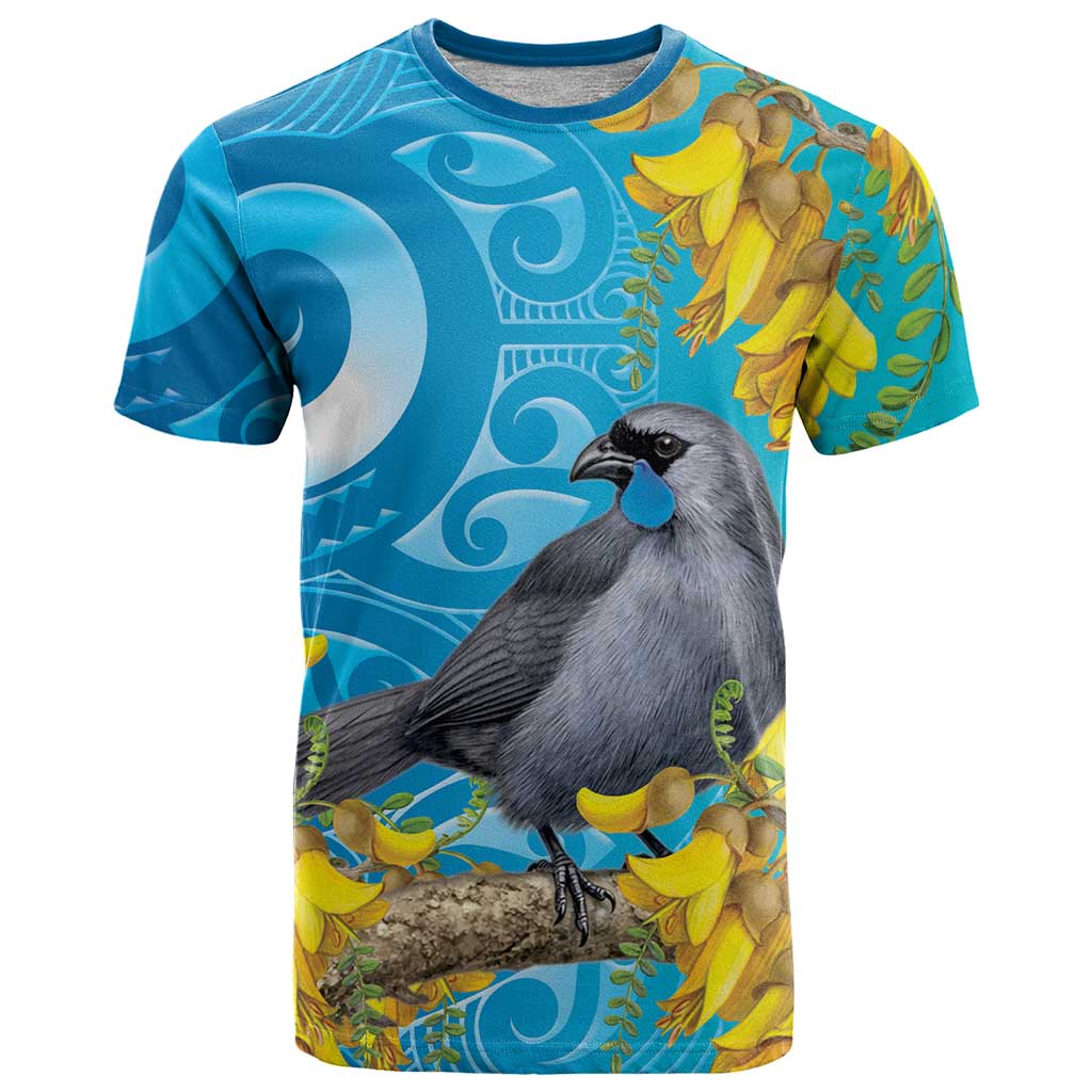 New Zealand Kokako Bird T Shirt Maori Koru With Kowhai Flowers - Polynesian Pride