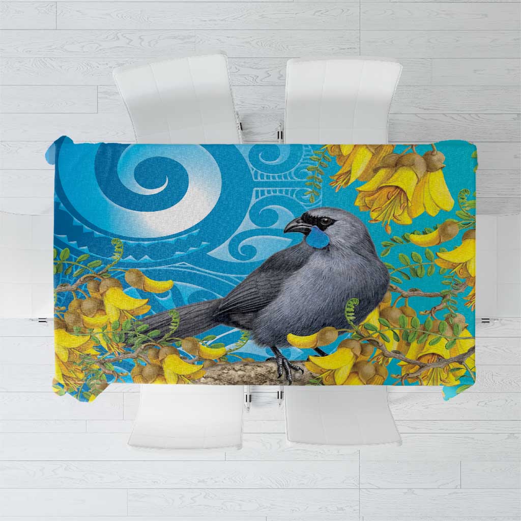 New Zealand Kokako Bird Tablecloth Maori Koru With Kowhai Flowers LT05 Aqua - Polynesian Pride