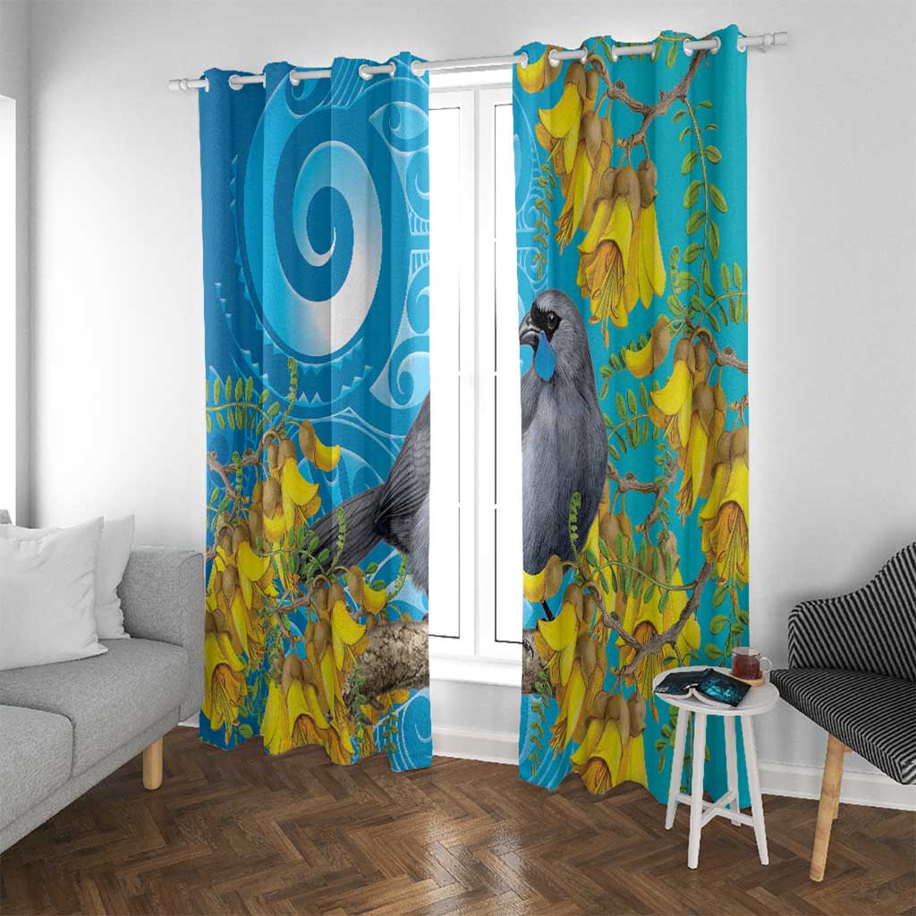 New Zealand Kokako Bird Window Curtain Maori Koru With Kowhai Flowers - Polynesian Pride