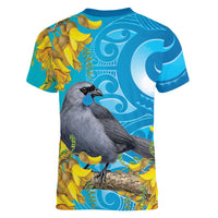 New Zealand Kokako Bird Women V-Neck T-Shirt Maori Koru With Kowhai Flowers - Polynesian Pride