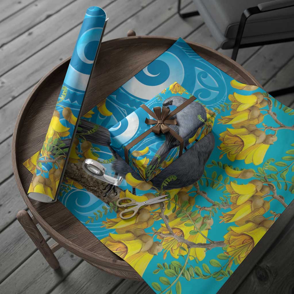 New Zealand Kokako Bird Wrapping Paper Maori Koru With Kowhai Flowers LT05 - Polynesian Pride