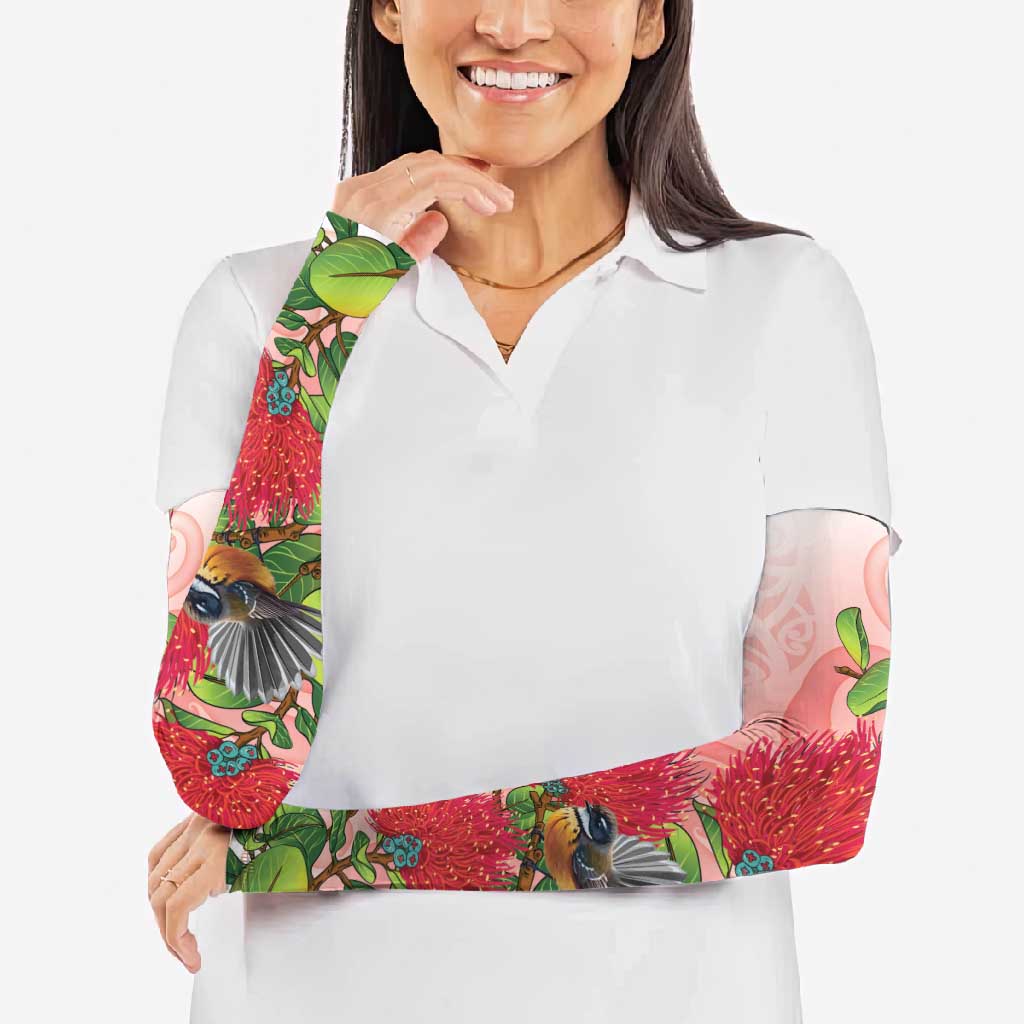 New Zealand Fantail Arm Sleeves Maori Koru With Pohutukawa Flowers - Polynesian Pride