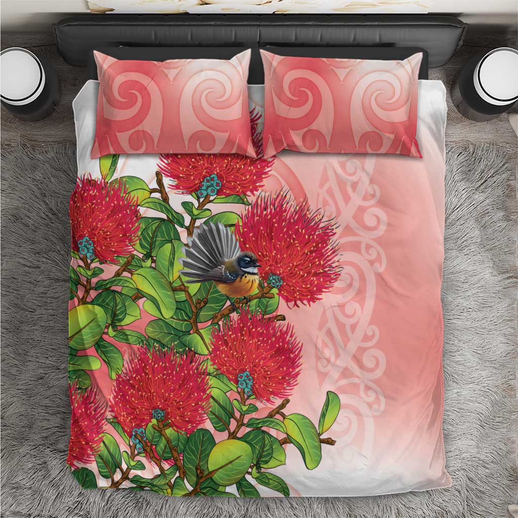 New Zealand Fantail Bedding Set Maori Koru With Pohutukawa Flowers LT05 Red - Polynesian Pride