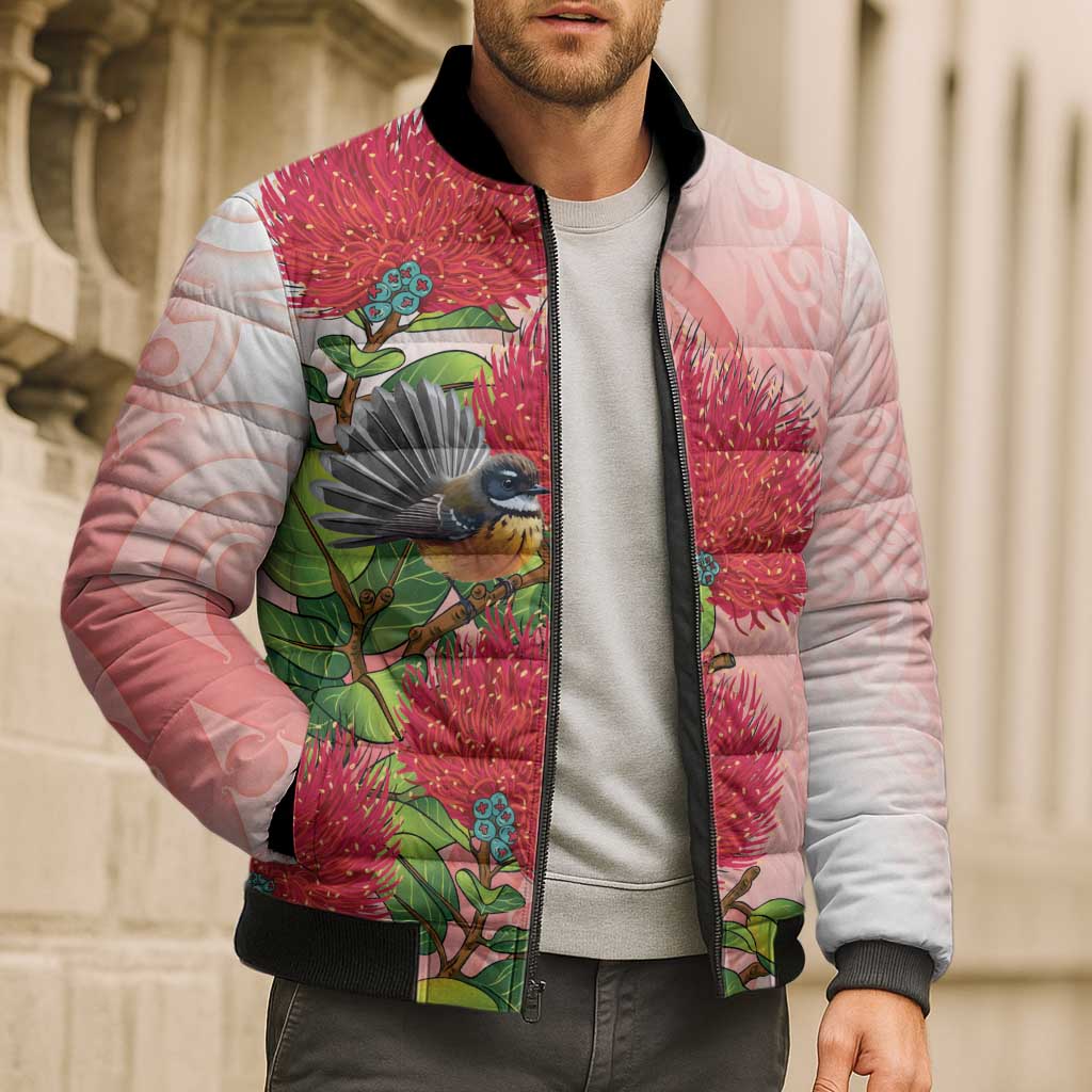 New Zealand Fantail Bomber Puffer Jacket Maori Koru With Pohutukawa Flowers - Polynesian Pride