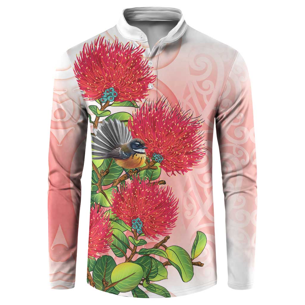 New Zealand Fantail Button Sweatshirt Maori Koru With Pohutukawa Flowers LT05 Red - Polynesian Pride