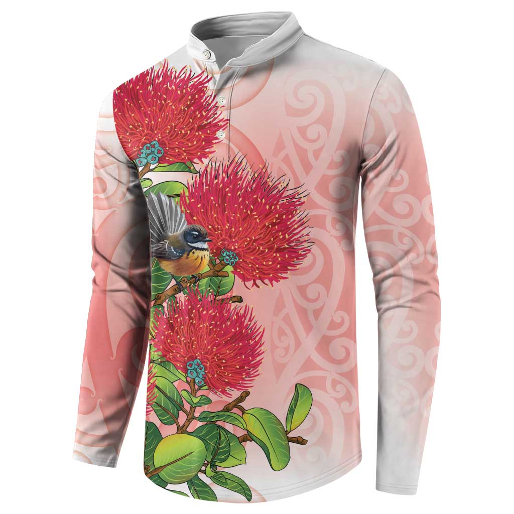 New Zealand Fantail Button Sweatshirt Maori Koru With Pohutukawa Flowers LT05 - Polynesian Pride