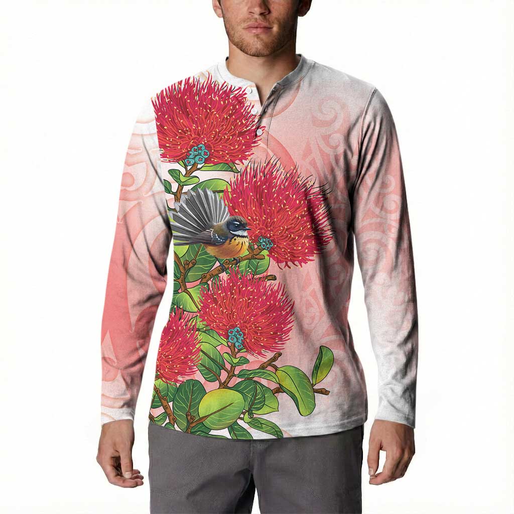 New Zealand Fantail Button Sweatshirt Maori Koru With Pohutukawa Flowers LT05 - Polynesian Pride