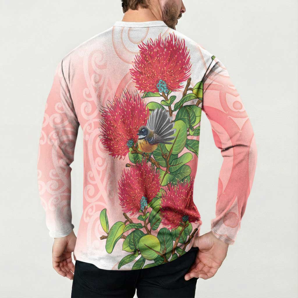 New Zealand Fantail Button Sweatshirt Maori Koru With Pohutukawa Flowers LT05 - Polynesian Pride