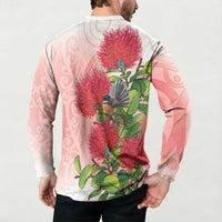 New Zealand Fantail Button Sweatshirt Maori Koru With Pohutukawa Flowers LT05 - Polynesian Pride