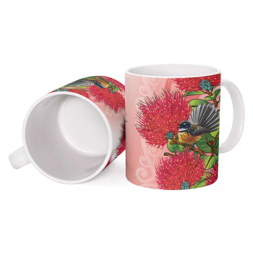 New Zealand Fantail Ceramic Mug Maori Koru With Pohutukawa Flowers LT05 - Polynesian Pride