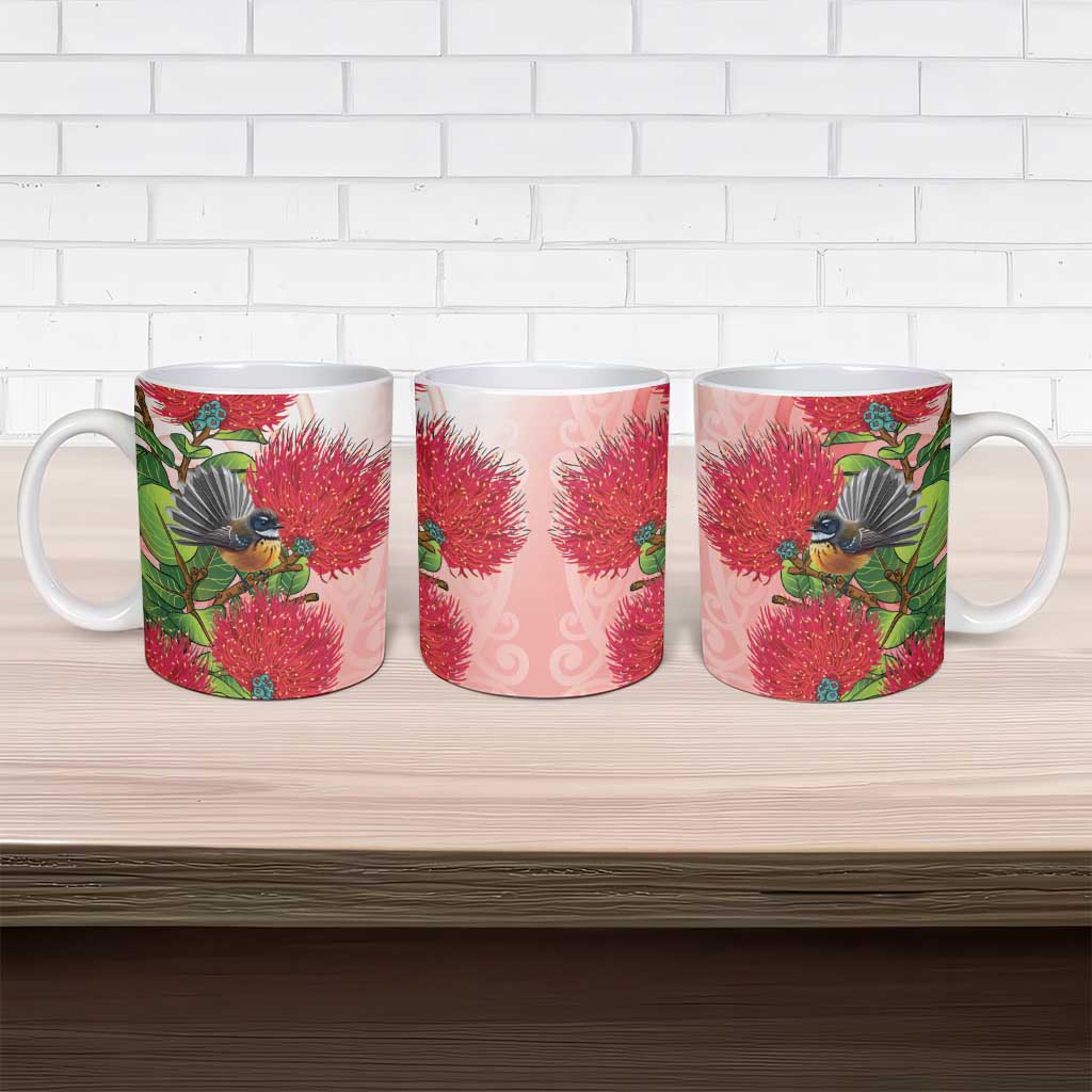New Zealand Fantail Ceramic Mug Maori Koru With Pohutukawa Flowers LT05 - Polynesian Pride