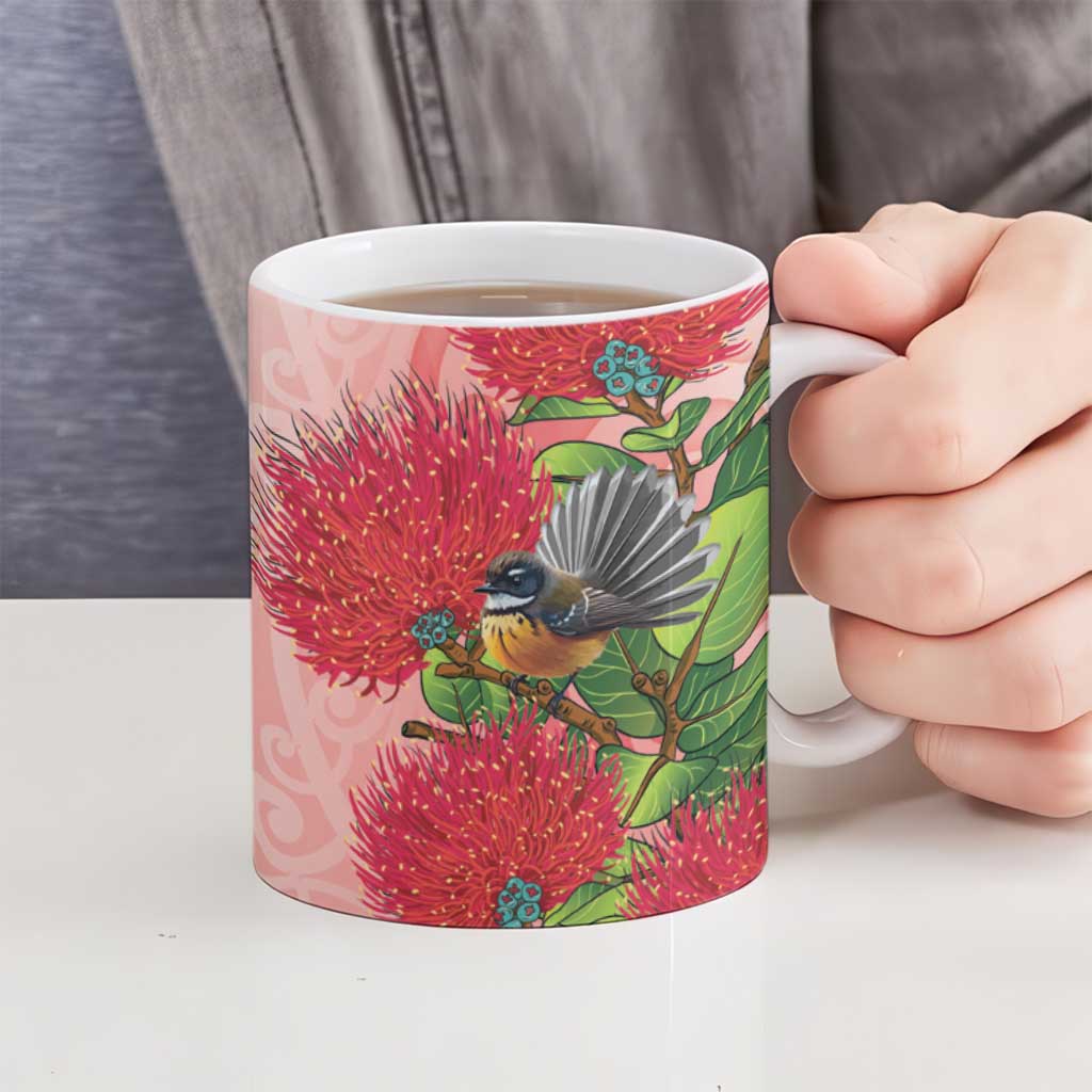 New Zealand Fantail Ceramic Mug Maori Koru With Pohutukawa Flowers LT05 - Polynesian Pride