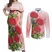 New Zealand Fantail Couples Matching Off Shoulder Maxi Dress and Long Sleeve Button Shirt Maori Koru With Pohutukawa Flowers - Polynesian Pride