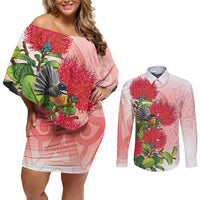 New Zealand Fantail Couples Matching Off Shoulder Short Dress and Long Sleeve Button Shirt Maori Koru With Pohutukawa Flowers - Polynesian Pride