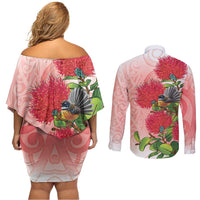 New Zealand Fantail Couples Matching Off Shoulder Short Dress and Long Sleeve Button Shirt Maori Koru With Pohutukawa Flowers - Polynesian Pride